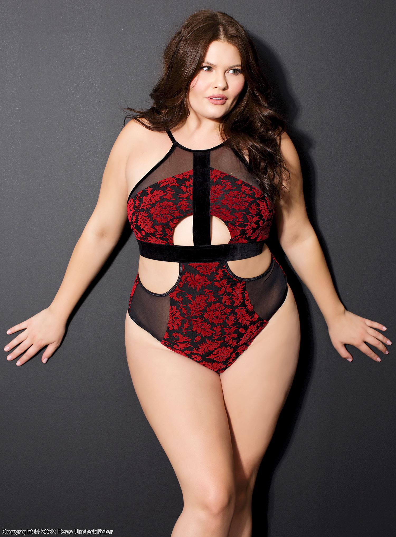 Verführerischer Dessous-Teddy, Damast, Neckholder, transparente Einlagen, ausgeschnitten, Plus Size